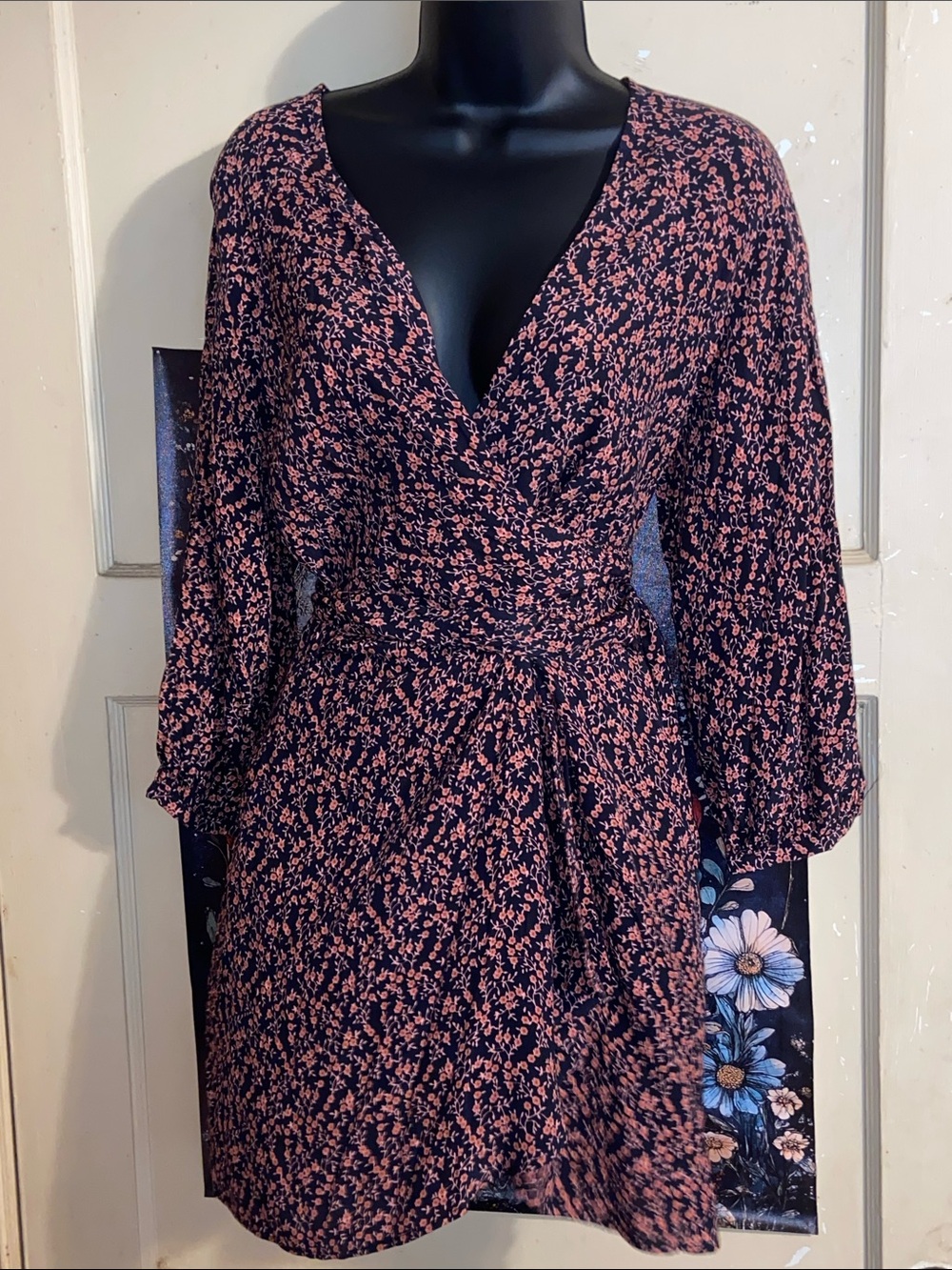 PINK & BLACK FLORAL MINI DRESS Faux Wrap FREE PEOPLE